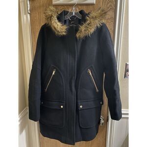 J Crew Black Chateau Parka Italian Stadium Cloth Wool Faux Fur Women Size 14T